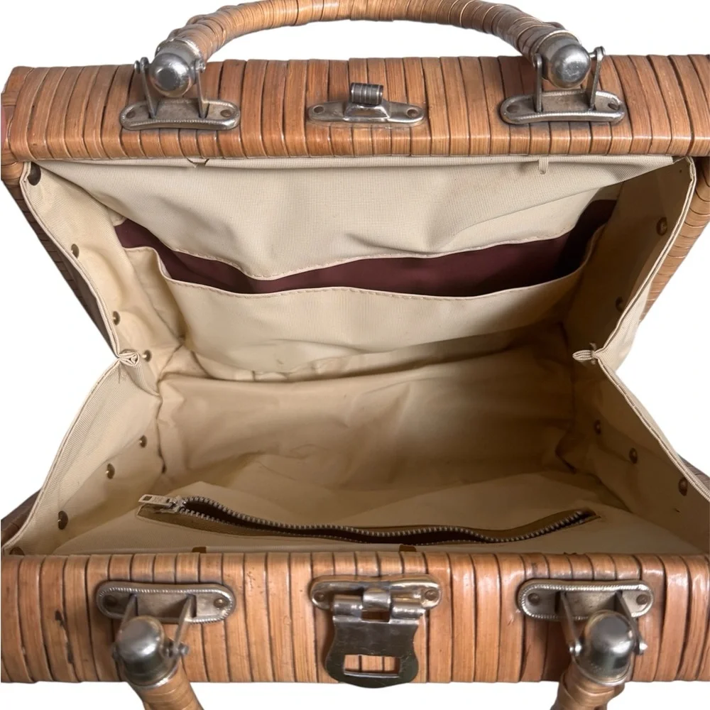 VINTAGE 50's/60's woven wicker box purse w embroidered flowers retro botanical - Picture 6 of 11